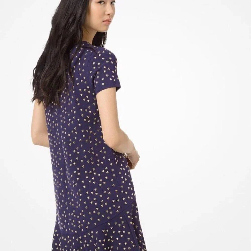 $350 MICHAEL KORS‎ Navy Knit Dress With Gold Heart Studs Size L 10- 12 NEW!